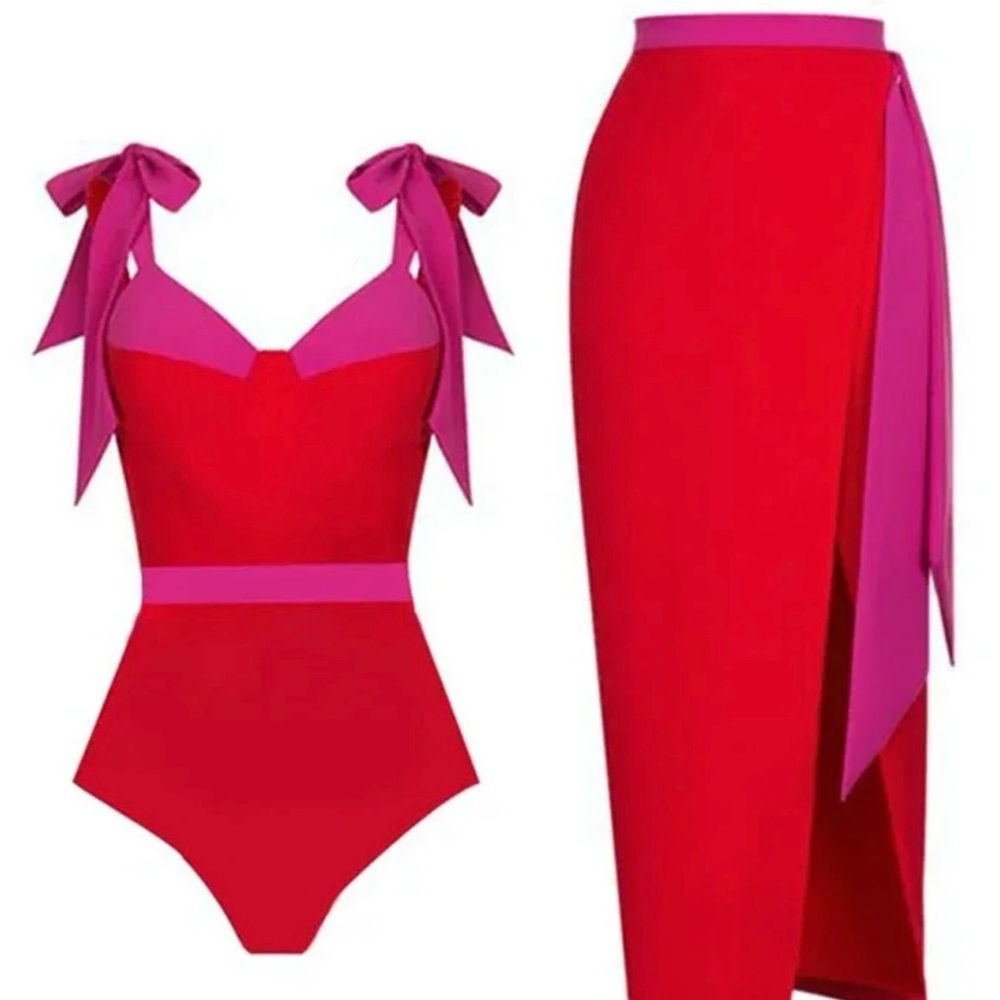 Red and Pink Swimsuit and Skirt Set NWT